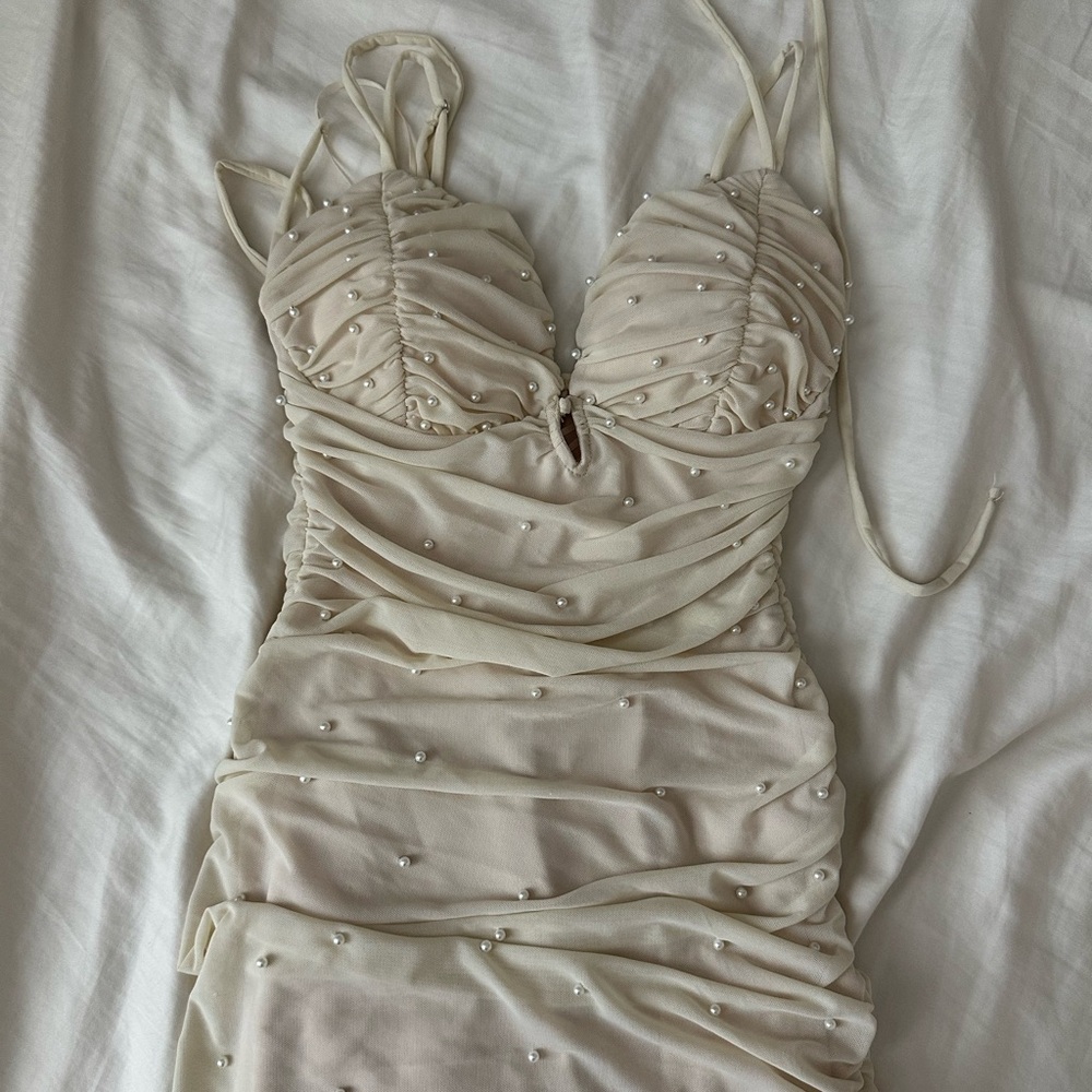 privy Cream Ruched Midi Dress with Pearl Beading
